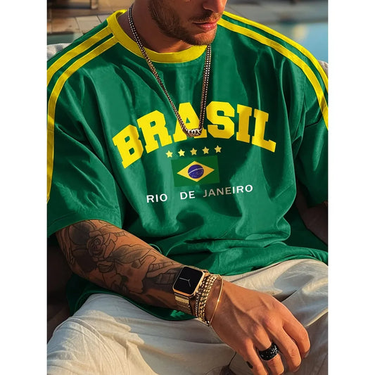 Brazilian Style Casual Men's Short Sleeve T-Shirt 3D Printed Crew Neck Pullover for Summer Outdoor Activities and Daily Wear